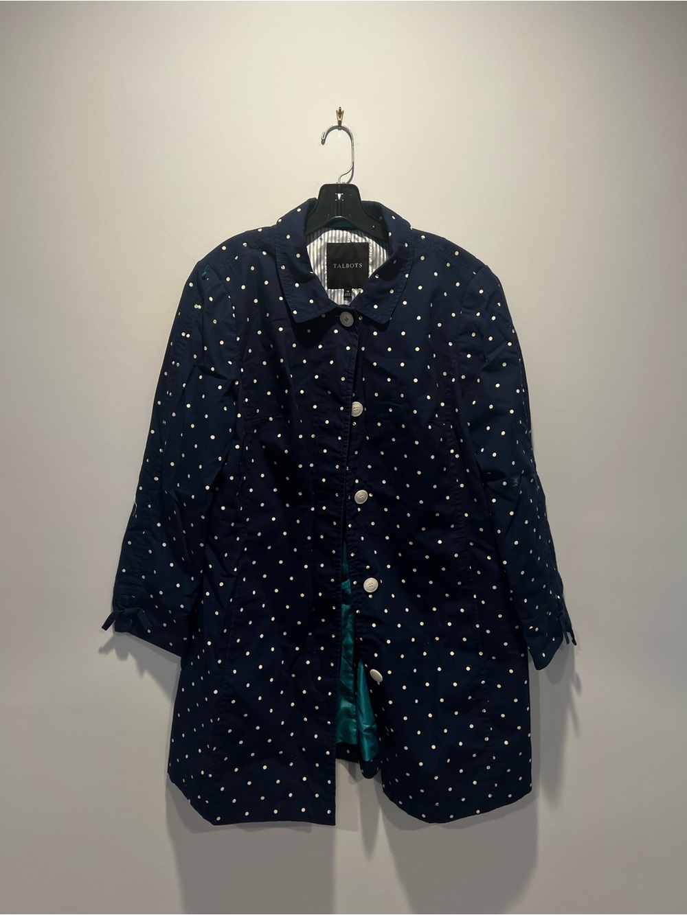 Talbots Navy and White Polka Dot Trench Coat